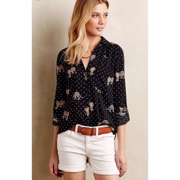 Maeve Tops - Maeve Anthropologie Leopard Print‎ Polka Dot Button Down Shirt